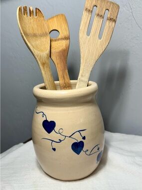 Vintage Hand-Painted Ceramic Utensil Crock with Blue Heart Vine